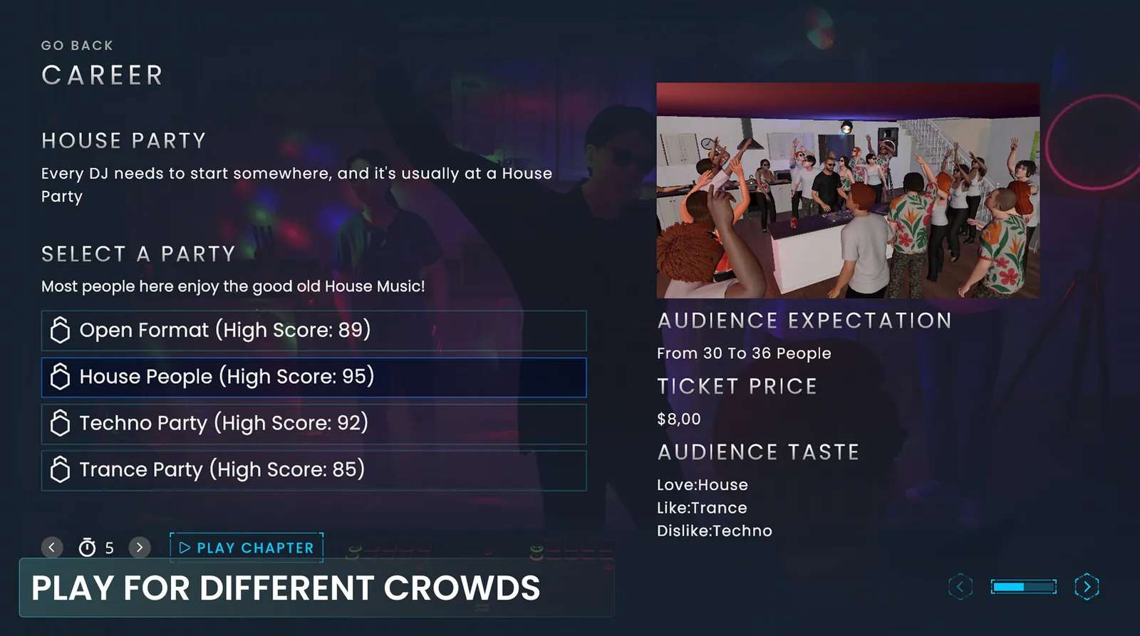 Career mode: choosing a house party chapter, with audience size, ticket price and music taste