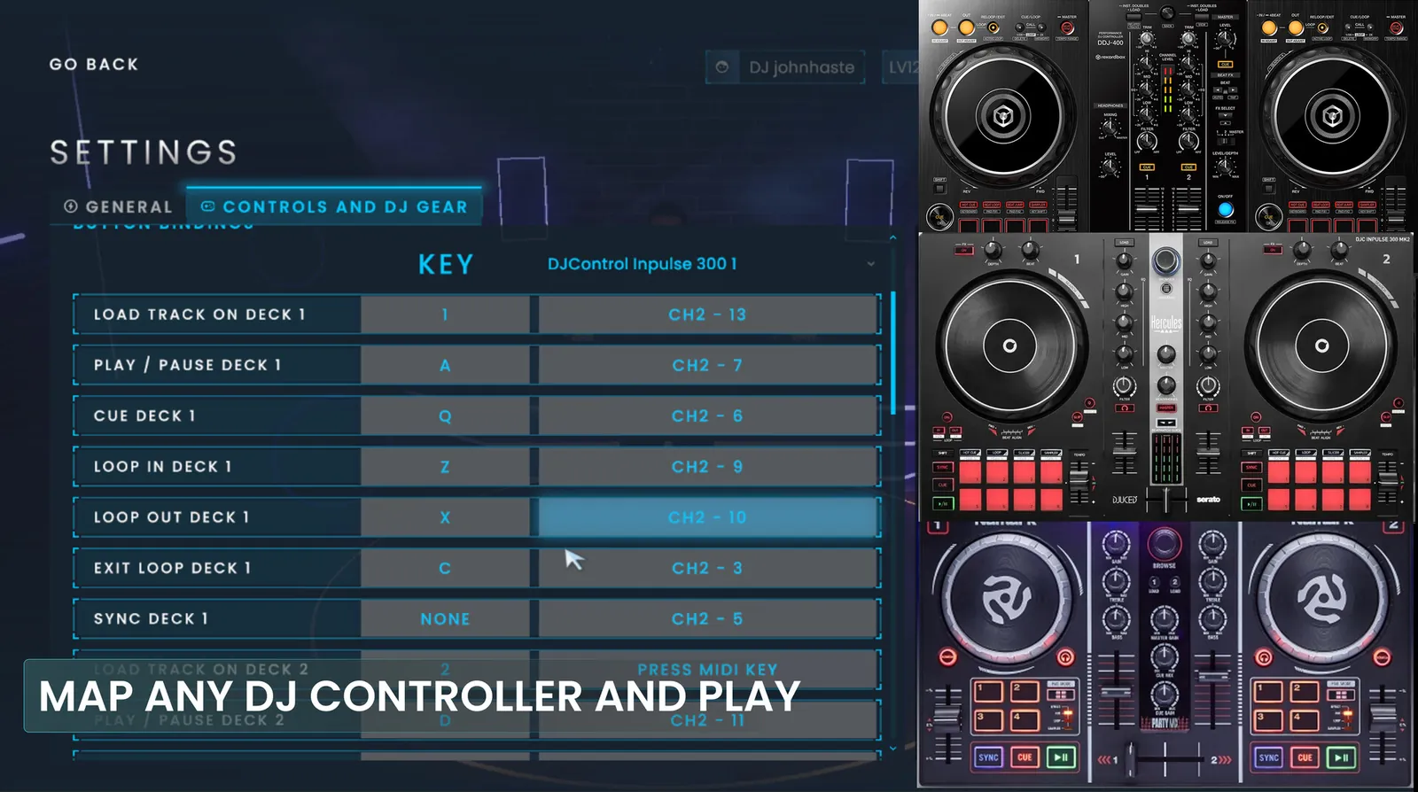 MIDI controller mapping screen in the game
