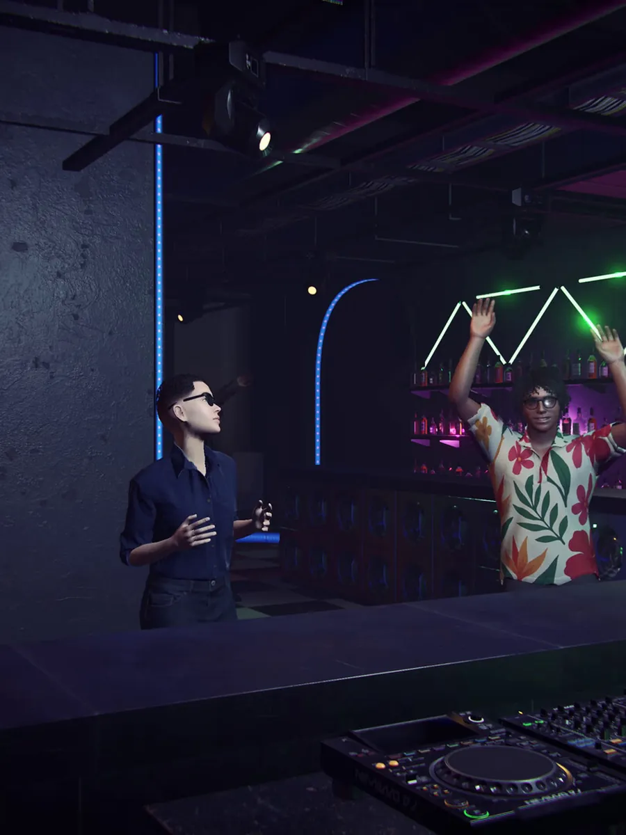 Clubbers at the bar reacting to the DJ