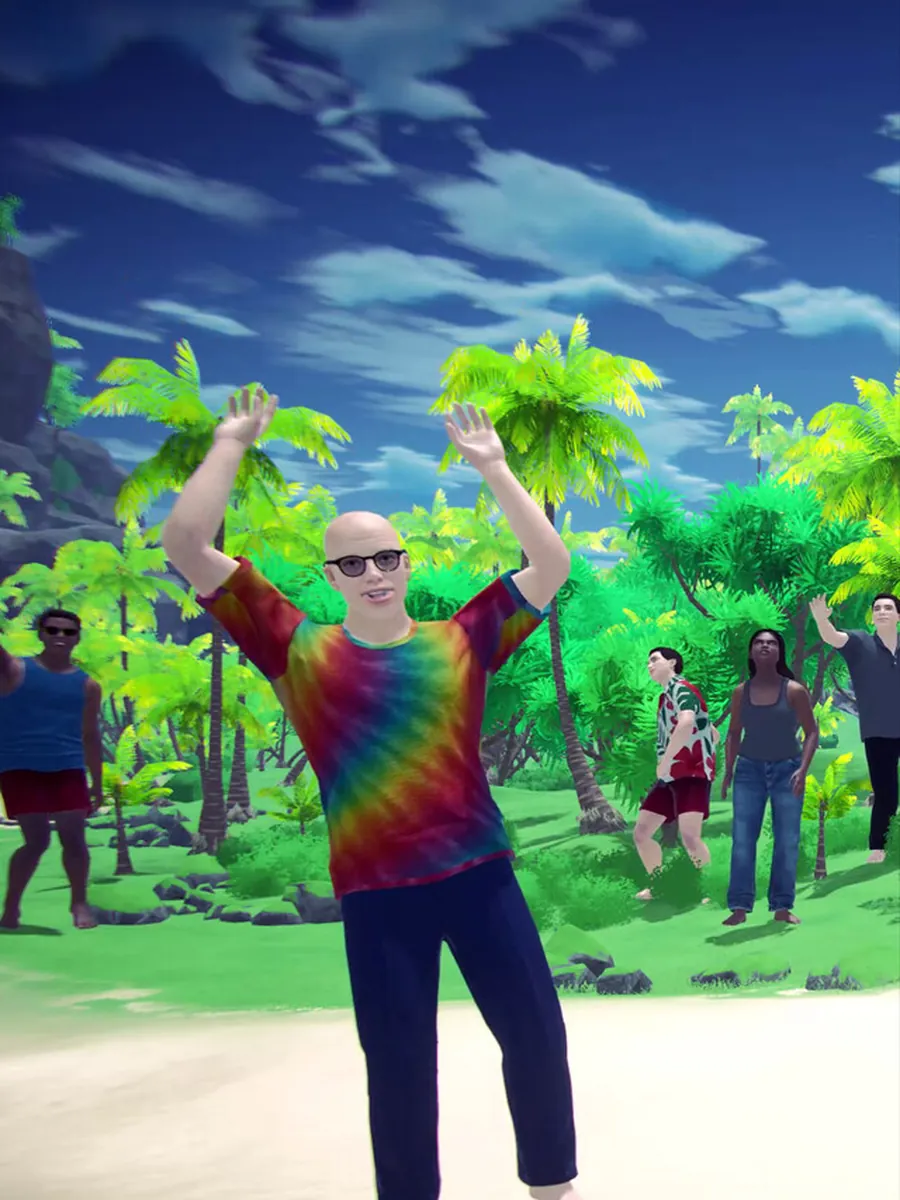 A beach party crowd dancing on the sand