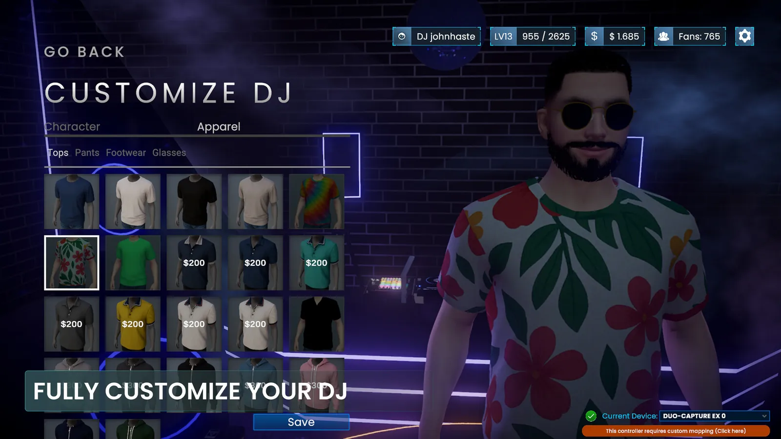 Customize DJ screen with clothing options and the 3D avatar