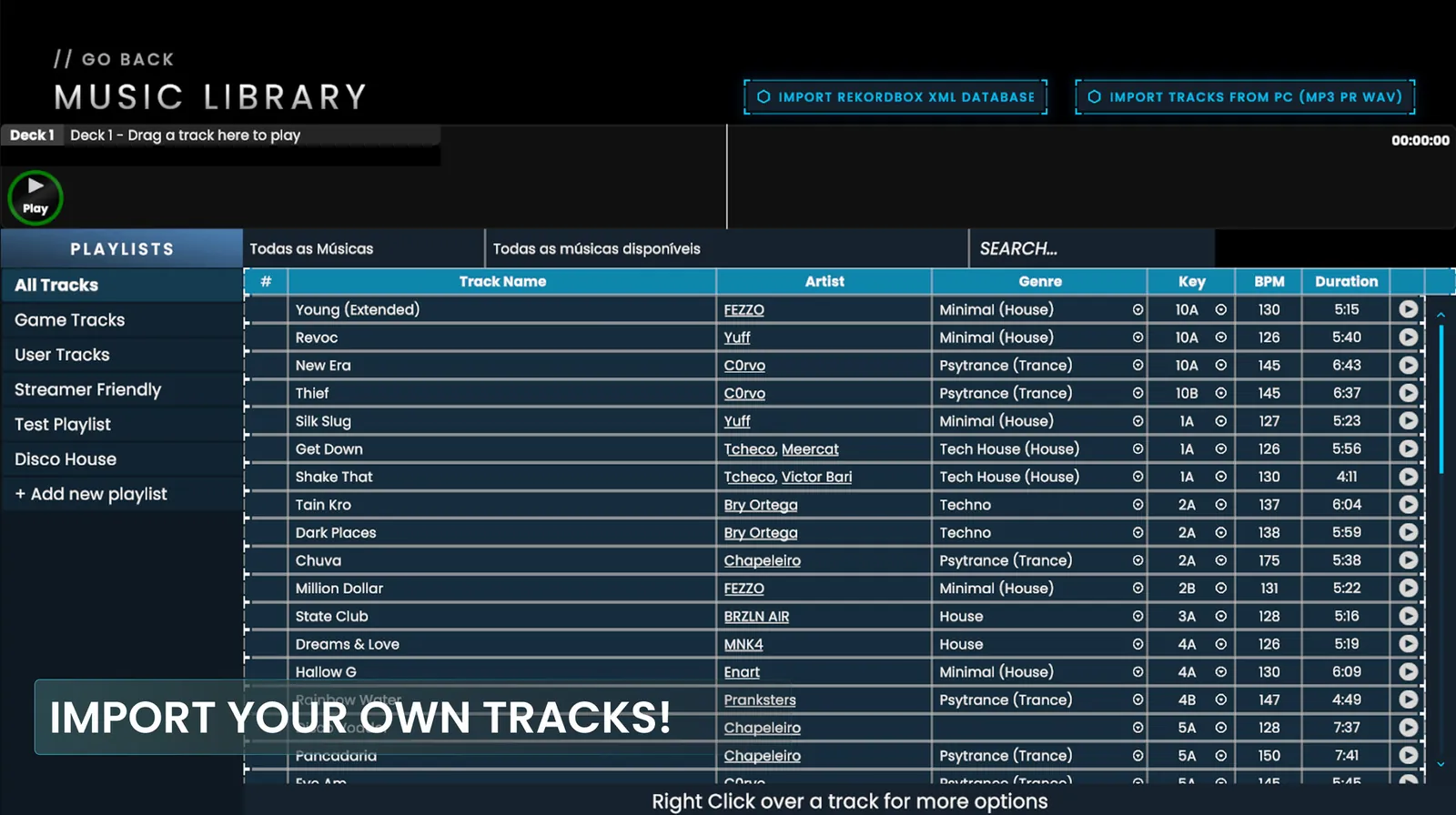 Music library with playlists and imported tracks sorted by BPM and key